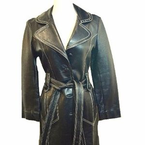 Vintage 70's Black Leather Coat w/White Stitching